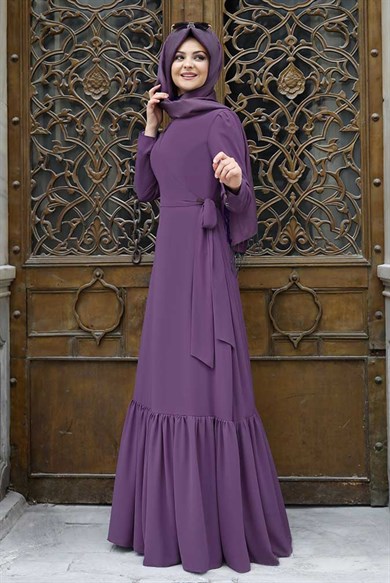 Pınar Şems Eteği Fırfırlı Elbise Lila