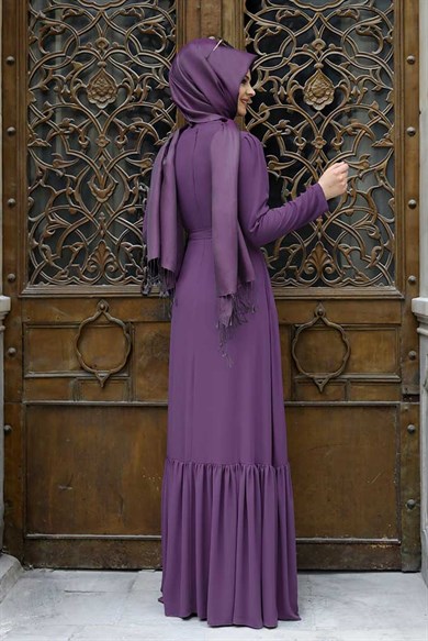 Pınar Şems Eteği Fırfırlı Elbise Lila